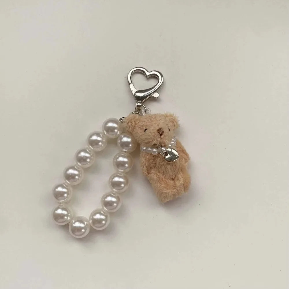 Cute Imitation Pearl Plush Teddy Bear Mobile Phone Chain Gift Hanging Ornament Keychain Handbag Pendant Doll Pendant Women Girls