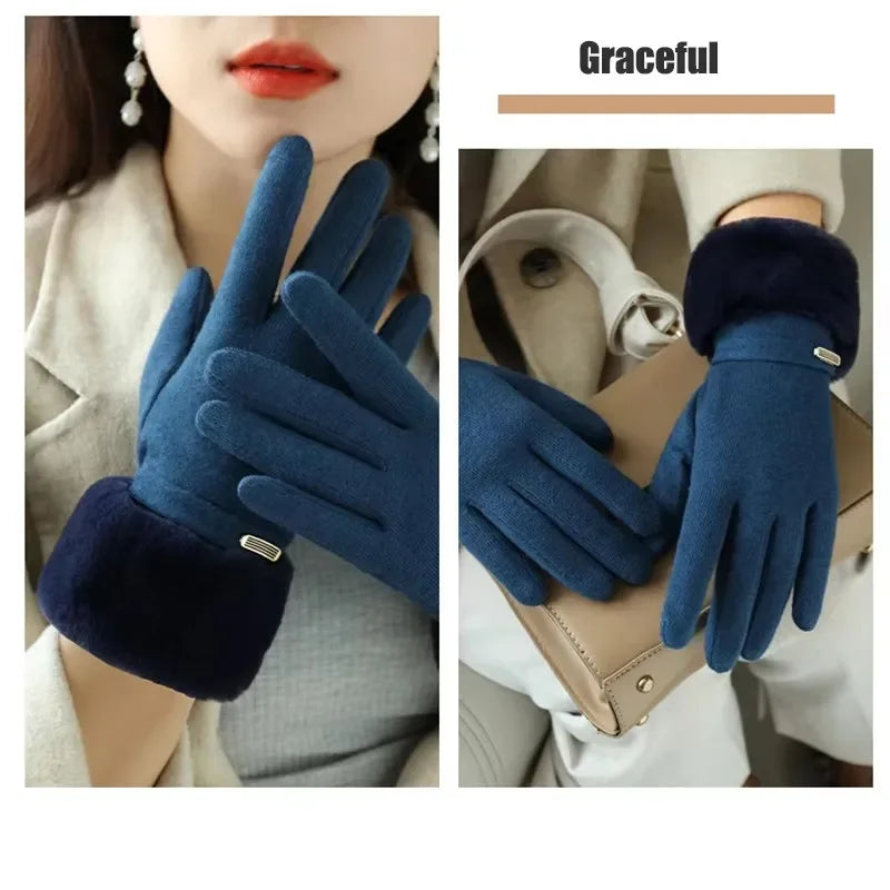 Winter Women Keep Warm Plus Velvet Touch Screen Thicken Plush Wrist Suede Gloves Fashion Personality Elegant Drive Cycling