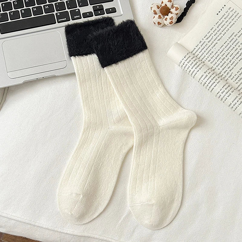 1Pair Fashion Plush Socks Women Autumn Winter Fluffy Splice Lanital Mink Velvet Thick Warm Mid-tube Stockings Cotton Socks