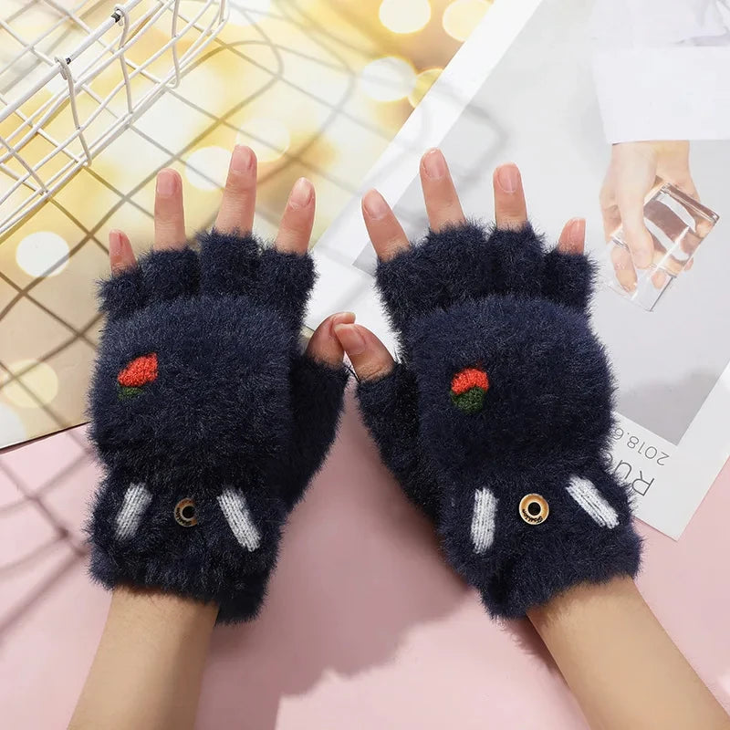 Women Plush Warm Glove Fur Lovely Rabbit Cat Mittens Flip Fingerless Gloves Soft Girls Thick Gloves Flexible Half Finger Winter