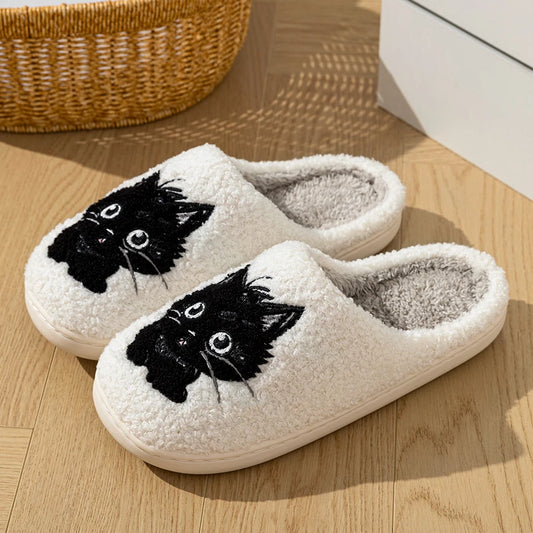 Winter Women's Slippers Indoor Cartoon Black Cat Cute Girls Slipper Bedroom Anti-slip Soft Sole Comfortable Cotton Homeshoes