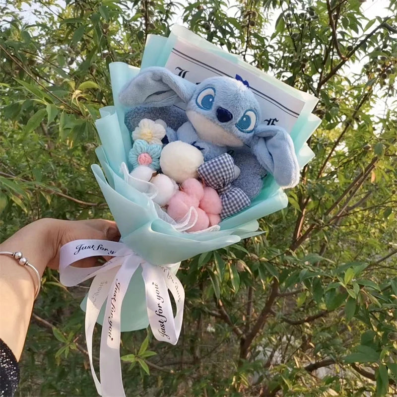 Anime Lilo & Stitch  Plush Bouquet  With floret Bowknot Cartoon Stuffed Animals Birthday Christmas Valentine's Day Party Gift