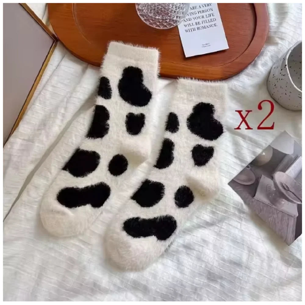 2/3/10 Pairs Women's Plush Mid Length Socks Dairy Cattle Thickening Mink Wool Sweet Soft Warm Stay At Home Women's Floor Socks