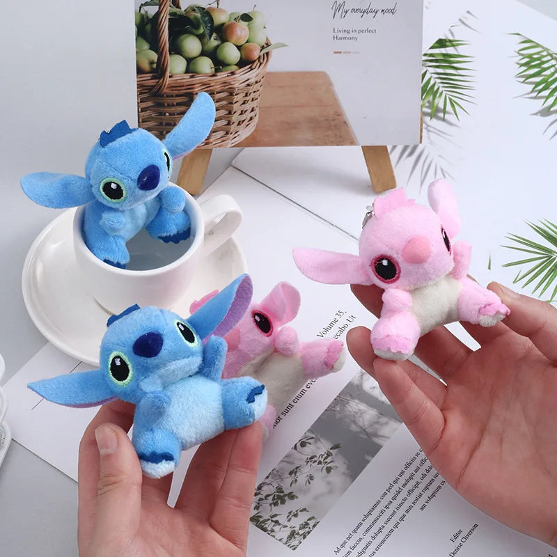 8cm Disney Lilo and Stitch Plush Keychains Stitch Soft Stuffed Toys Doll Backpack Pendants Cartoon Bouquet Accessories Kids Gift