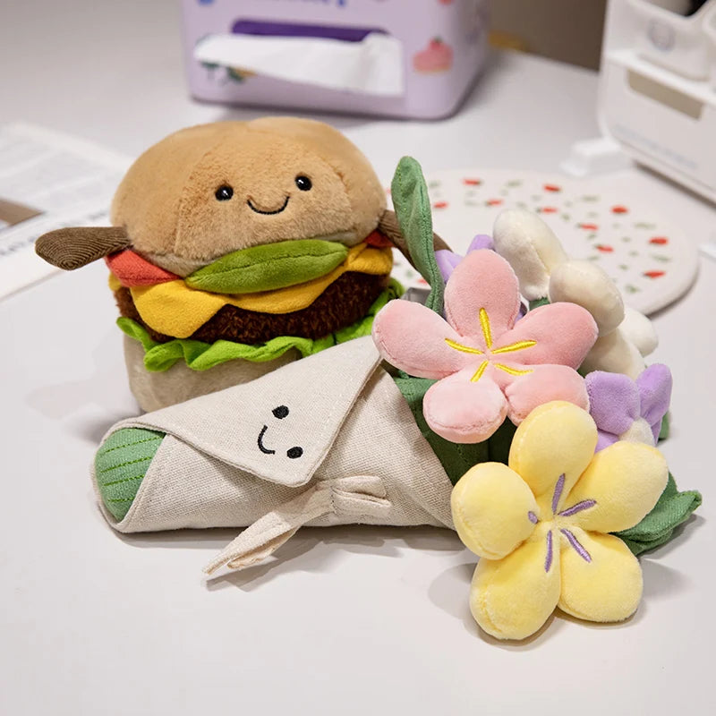 Creative Realistic Hamburger Plush Toy Soft Stuffed Bouquet Toy Funny Food & Flower Pillow Cute Burger Doll Kawaii Birthday Gift