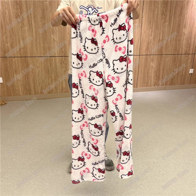 Sanrio Hello Kitty Pajamas Black Anime Flannel Women Warm Woolen Whitecartoon Casual Home Pants Autumn Fashion Trousers Gifts