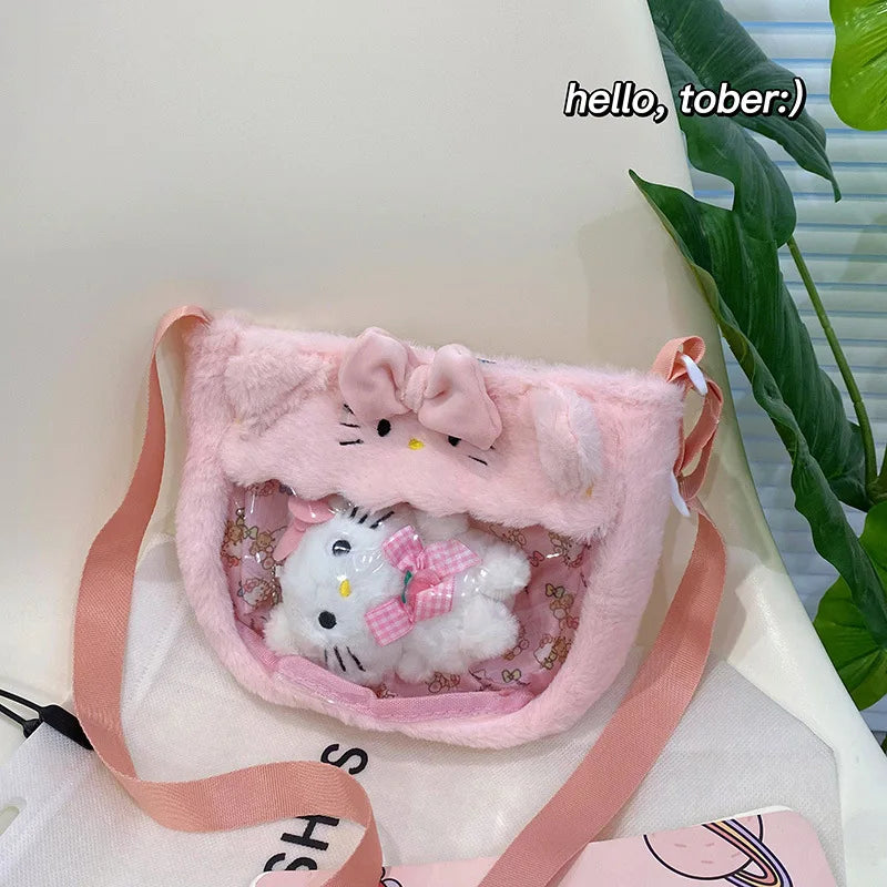 Kawaii Sanrio Plush Bags Cinnamoroll Melody Kuromi Hello Kitty Transparent Plushie Crossbody Bag Cartoon Anime Doll Pendant Gift