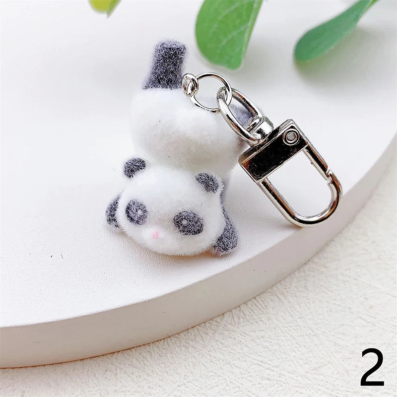 3D Flocking Panda Keychain Cartoon Plush Animal Keyring Bag Pendant Car Key Holder Earphone Charm DIY Jewelry Ornament Accessor