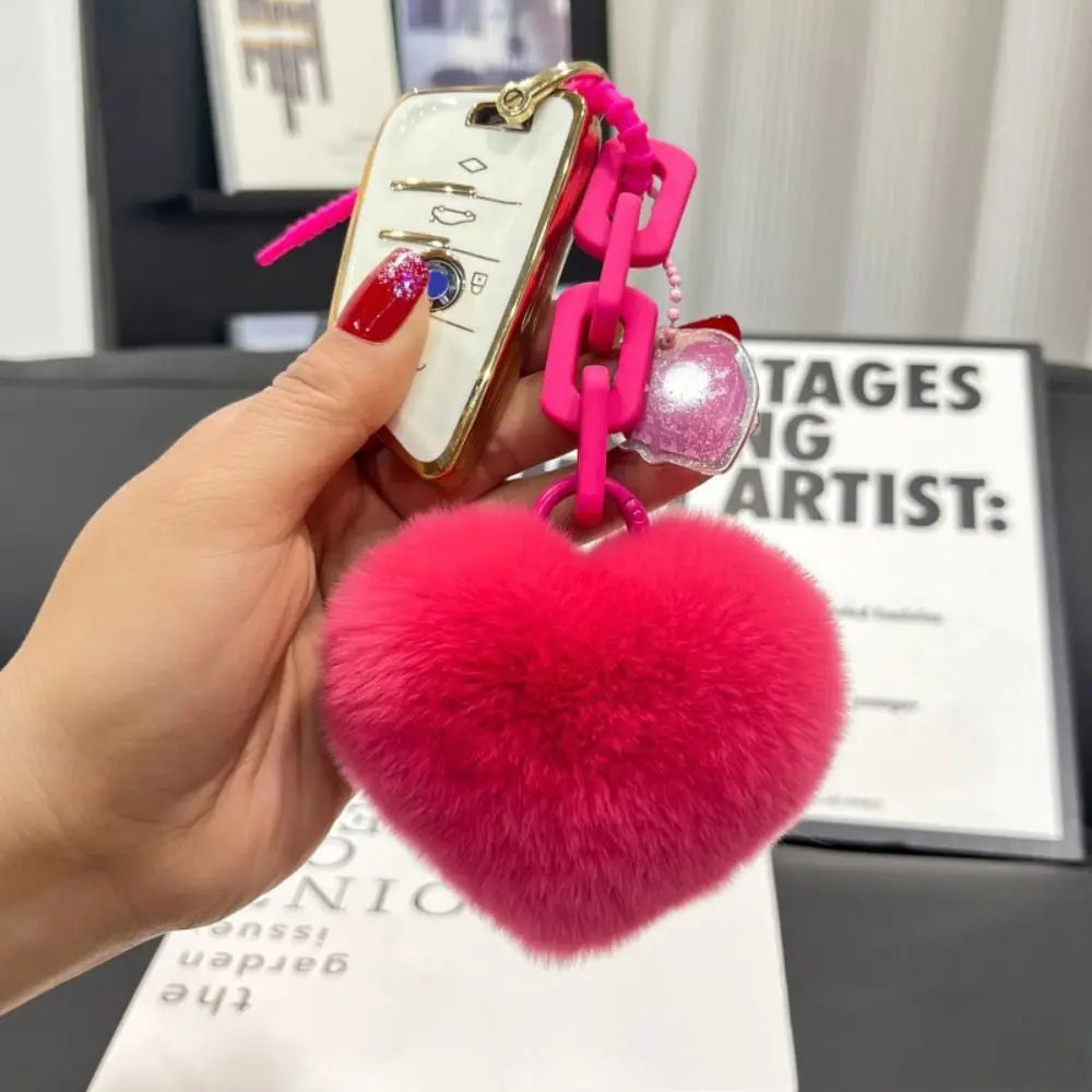 Cars Accessory Natural Fur Heart Charm Keychain Creative Soft Plush Toys Keychain Cute Silicone Valentines Day Gifts Best Friend