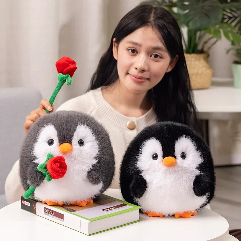 Fluffy Round Penguin Plush Toys Stuffed Baby Doll Animal Couple Penguin Holding Rose Hug Sleep Pillow Creative Birthday Gifts