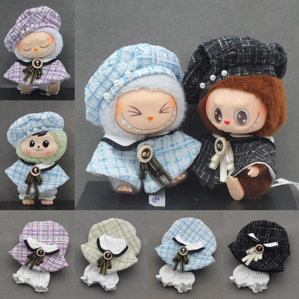 Mini Doll'S Clothes Outfit Accessories For Korea Kpop Exo 15-17cm Labubu Classic Grid Style Dress Cloak Set Beret Clothing Gift