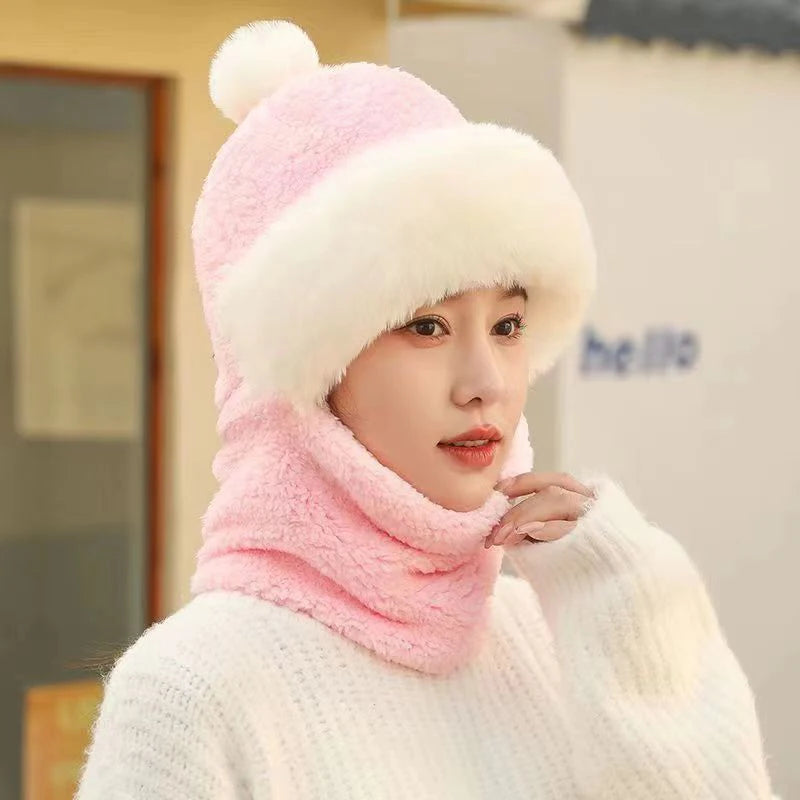 Fashion Plush Hat Scarf Mask Set Winter Warm Hat Neck Warmer Outdoor Cycling Windproof Warmer Scarf Hat Ear Protection