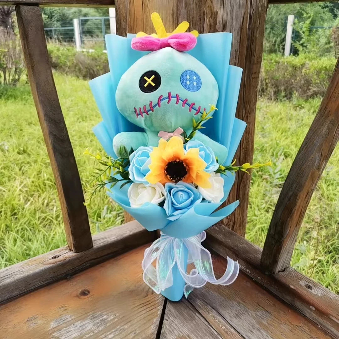 Hot Lilo & Stitch Plush Bouquet With Soap Rose Sunflower Flower Bouquet Cartoon Stuffed Valentine's Day Christmas Birthday Gift