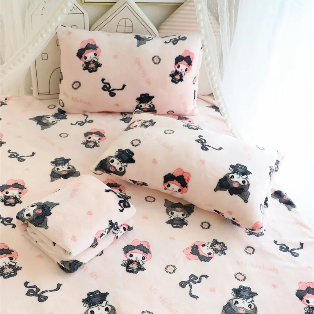 New Style Cartoon Anime My Melody Kuromi Plush Blanket Sanrio Cute Soft Comfortable Sheet Pillowcase Home Decor Gifts