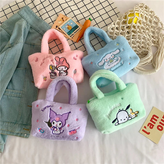 Kawaii Sanrio Hello Kitty Plush Bag Kuromi Melody Cinnamoroll Plushie Handbags Pochacco Cartoon Stuffed Bag for Girls Gifts