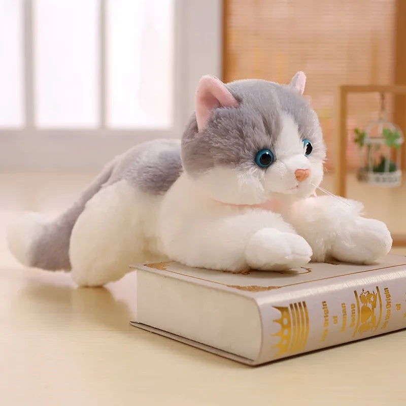 20cm-48cm Fluffy Lifelike Real Prone Striped Cat Plush Doll Stuffed Pure Colors White Kitten Toy Pets Animal Kids Gift