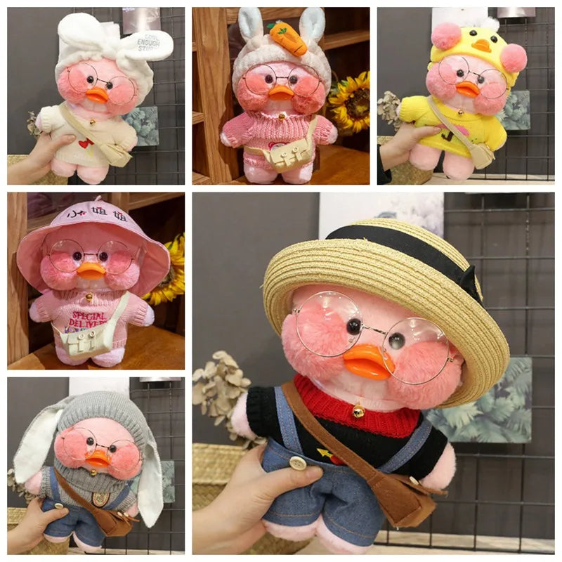 30cm Cute Cafe Pink Duck Stuffed Plush Animals Toy Wear Glasses And Clothes Soft Doll Girl Birthday Creative Gift For Girls