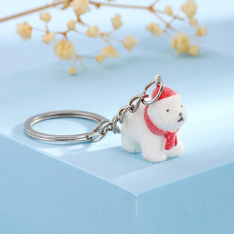 3D Flocking Polar Bear Keychain Cartoon Plush Animal Keyring Bag Pendant Car Key Holder Earphone Charm DIY Jewelry Accessor