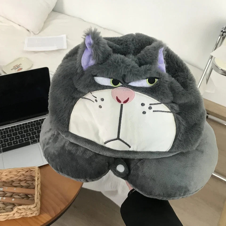 Disney Lucifer Cat U-shaped Neck Pillow With Hat Anime Grey Cat Travel Pillow Hooded Lucifer Cat Blackout Office Car Xmas Gifts