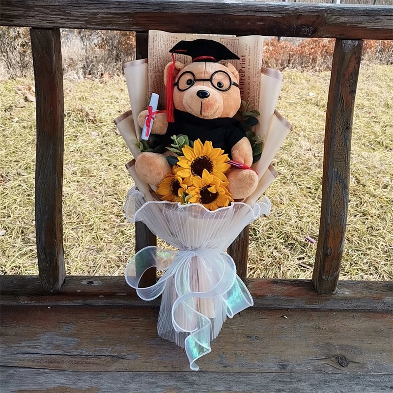 Graduation Bear Doctor Cap Bear Plush Bouquet Toys with Sunflower Cute Teddy Bear Doll Student Graduation Souvenir Birthday Gift