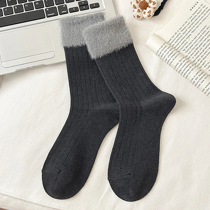 1Pair Fashion Plush Socks Women Autumn Winter Fluffy Splice Lanital Mink Velvet Thick Warm Mid-tube Stockings Cotton Socks