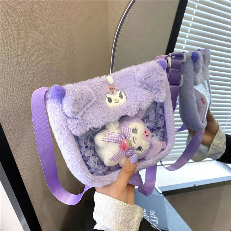 Kawaii Sanrio Plush Bags Cinnamoroll Melody Kuromi Hello Kitty Transparent Plushie Crossbody Bag Cartoon Anime Doll Pendant Gift