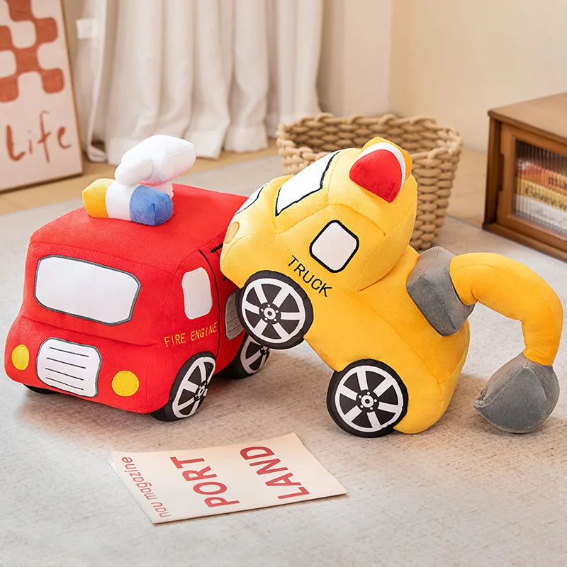 Emulational Cute Tractor Excavator Car Plush Toy Pillow Cartoon Fire Truck Soft Stuffed Dolls Boy Kids Gift Cute Room Decor