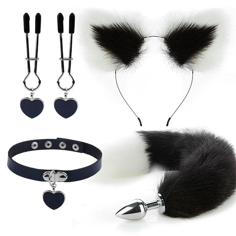 Anal Sex Toys Fox Tail Butt Plug Sexy Plush Cat Ear Headband With Bells Necklace Set Massage Sex toys For Women Couples Cosplay