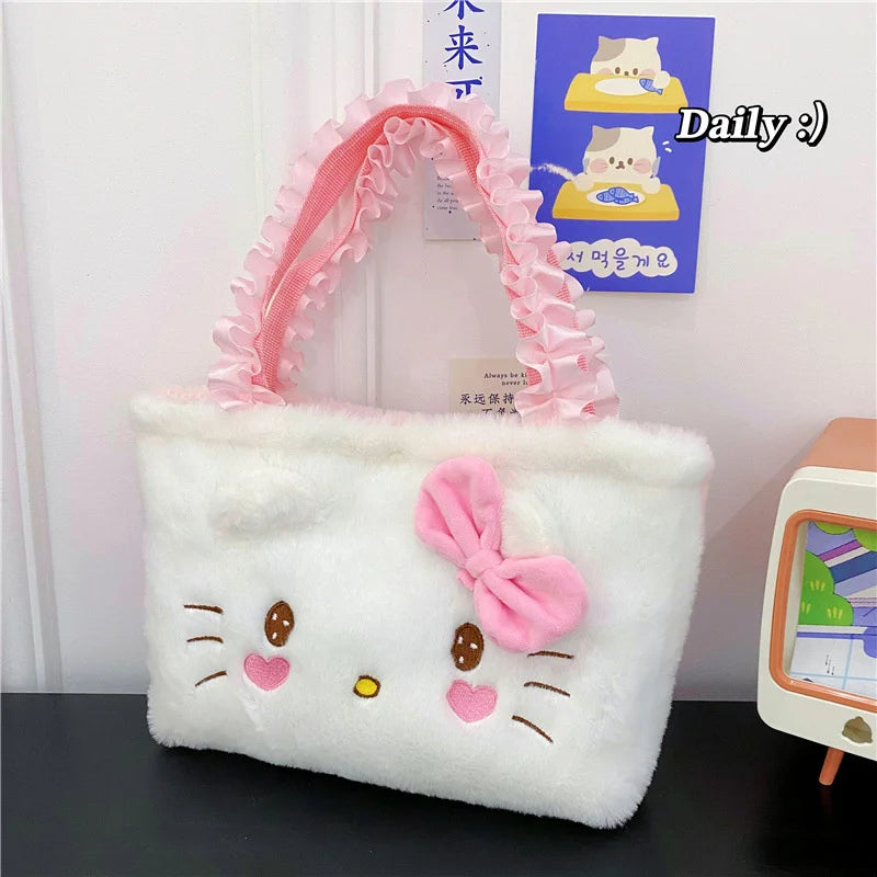 Hello Kitty Plush Bag Kawaii Sanrio Anime Handbag Cinnamoroll Kuromi Melody Cartoon Soft Stuff Shoulder Cosmetic Bags Girl Gifts