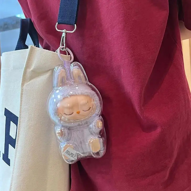 For Labubu v2 sitting party cotton doll walking baby bag pendant full transparent acrylic dustproof protective case