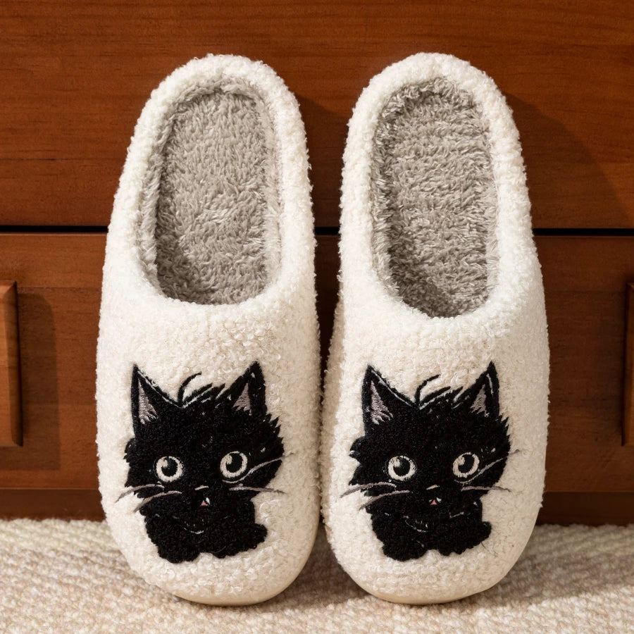 Winter Women's Slippers Indoor Cartoon Black Cat Cute Girls Slipper Bedroom Anti-slip Soft Sole Comfortable Cotton Homeshoes