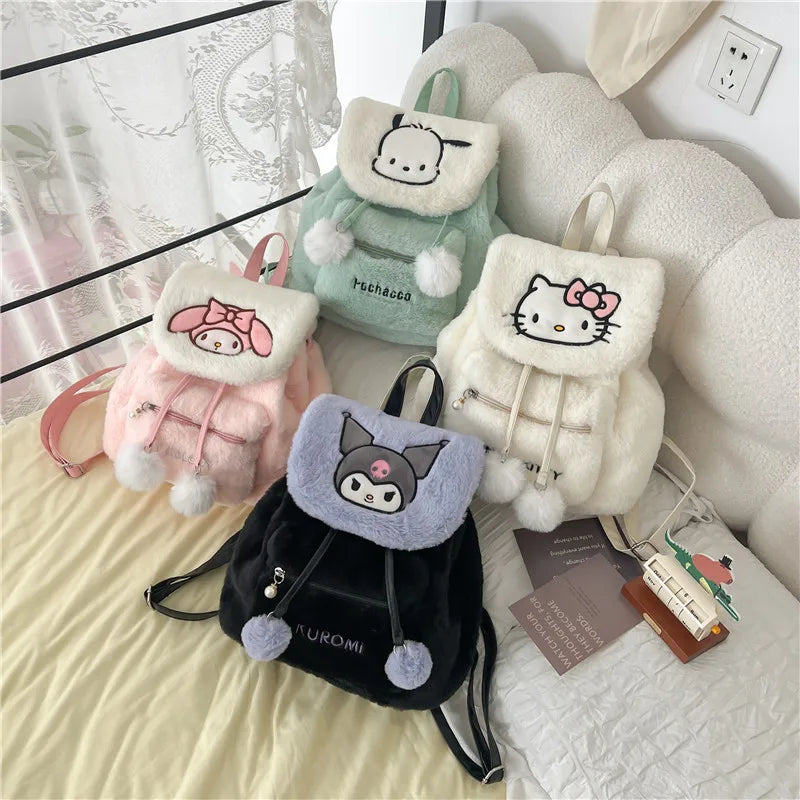 Kawaii Sanrio Anime Cartoon Hello Kitty Kuromi Melody Cute Plush Sanrio Backpack Kt Cat Kurome Pacha Dog Student For Girl Gift