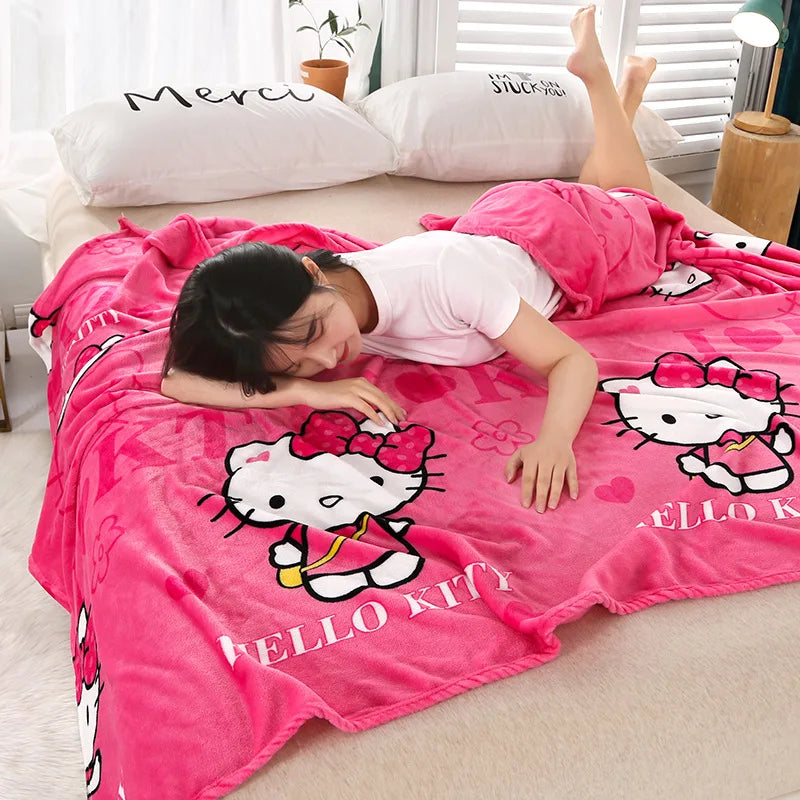 Cute Hello Kitty Cartoon Blanket Kawaii Kt Cat Home Textile Flannel Soft Warm Throw Blanket Bedding Sofa Cover for Girls Gift