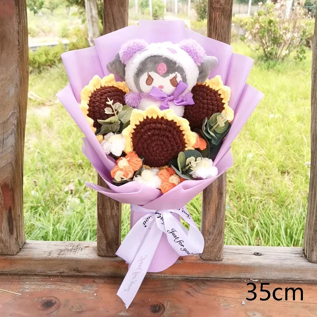 Kuromi Hello Kitty Kuromi My Melody Plush  Bouquet Handmade Knitting Sunflower Gift Valentine's Day Xmas Girl Friend  Gifts