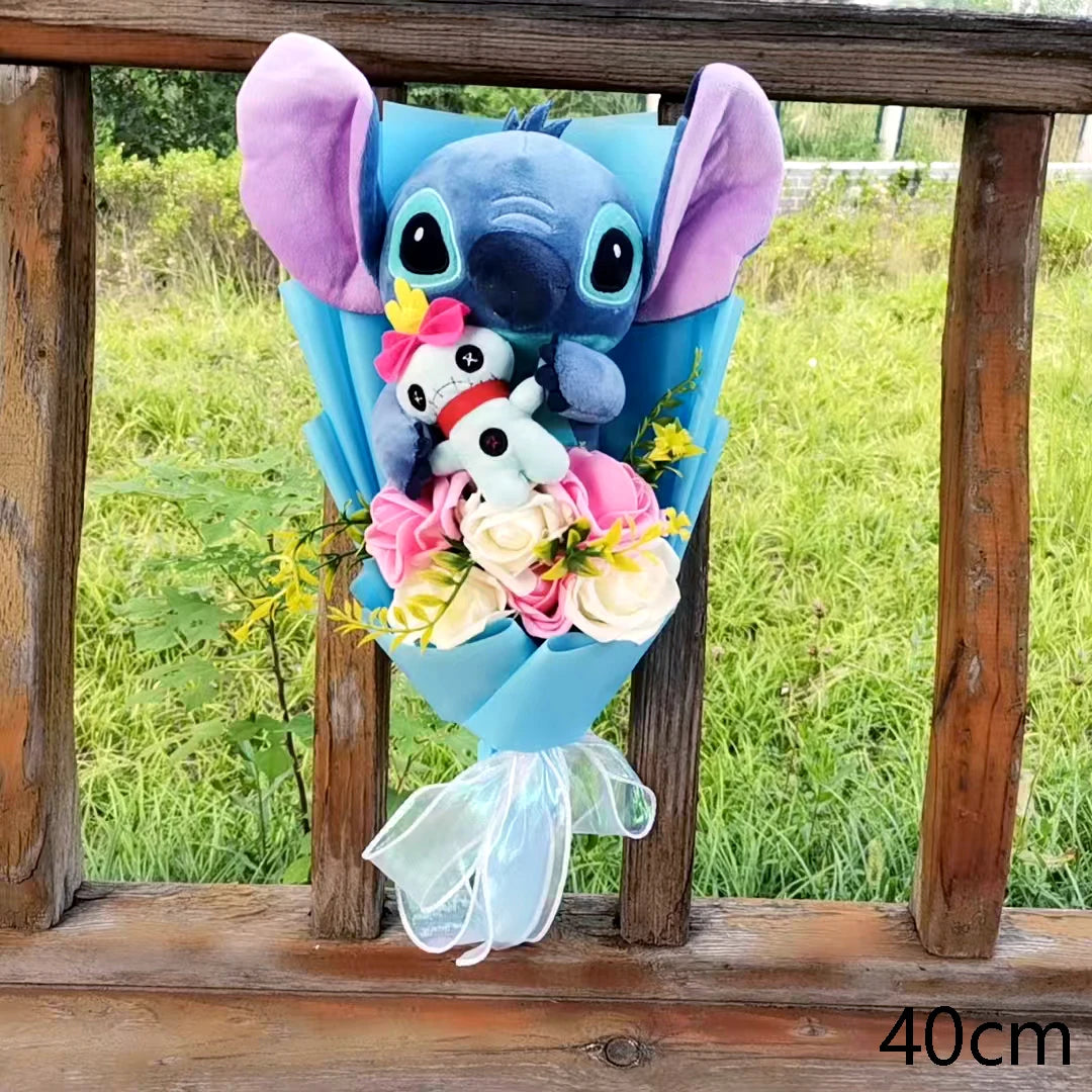 Hot Lilo & Stitch Plush Bouquet With Soap Rose Sunflower Flower Bouquet Cartoon Stuffed Valentine's Day Christmas Birthday Gift