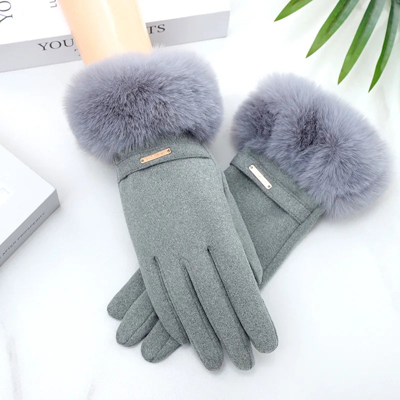 Winter Women Keep Warm Plus Velvet Touch Screen Thicken Plush Wrist Suede Gloves Fashion Personality Elegant Drive Cycling