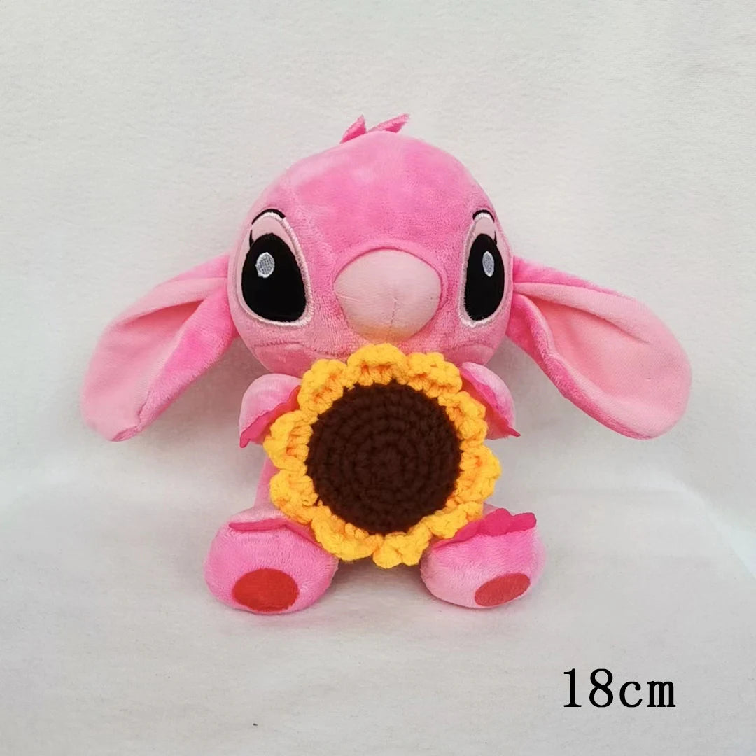 Disney Stitch Stuffed Plush Dolls Hand Woven Sunflower Rose Cartoon Stuffed Anime Blue Pink Plush Toys Christmas Birthday Gift