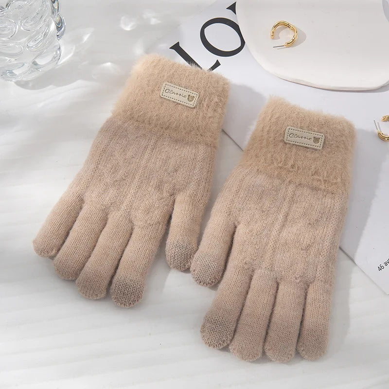 Winter Women Warm Knitted Gloves Plush Knitted Autumn and Winter Warm Double Layer Thick Gloves Touch Screen Ski Gloves