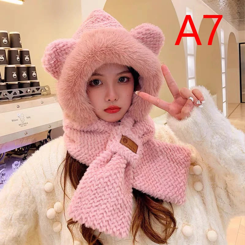 Winter Women Novelty Beanies Caps Warm Bear Ear Hat Casual Plush Hat Scarf Set Casual Solid Color Women Caps Present