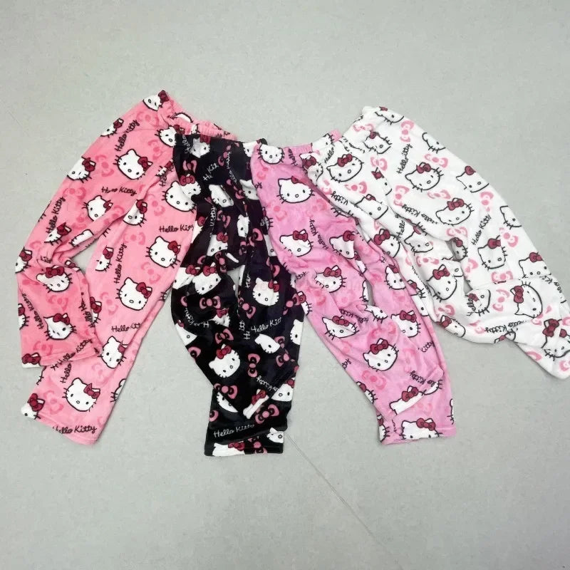 2024 Sanrio Hello Kitty Pajamas Halloween Flannel Fashion Trouserswomen Kawaii Woolen Anime Cartoon Casual Home Pants Autumn