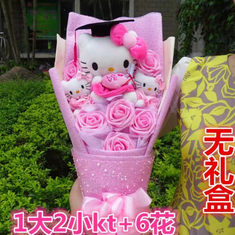 Kt Hello Kitty Plush Stuffed Bouquet With Graduation Hats Handmade  Doll Cute Soap Flower Rose Flower Bouquet Birthday