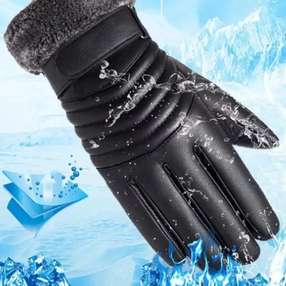 Gloves Winter MEN'S Fur Mouth Plush Insulation Gloves Outdoor Cycling Motorcycle PU Touch Screen Cotton Gloves