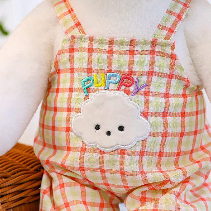 35/50/65cm Lovely Soft Stuffed Sitting White Dog Wearing Plaid Overalls Plush Animals Dog Doll Room Decor For Kids Birthday Gift