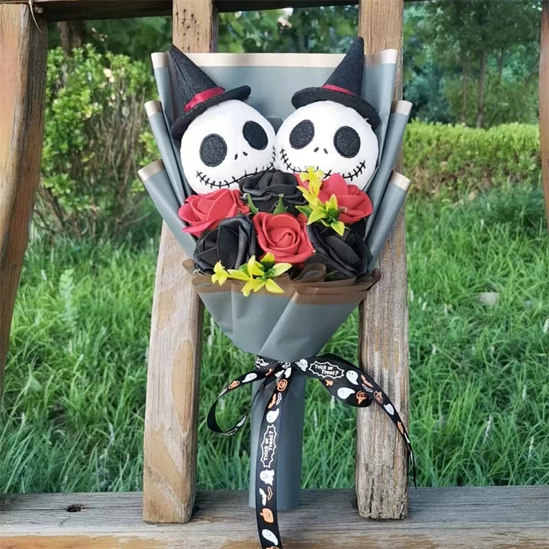 Halloween Jack Skellington Plush Doll Toys With Artificial flower Bouquet Stuffed Terror Skull Ghost Christmas Day/Birthday Day