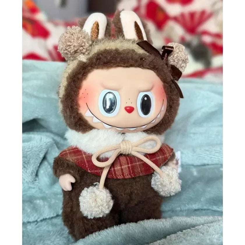 For 15-17cm Labubu doll Clothes Macaron outfit Sitting Party Christmas Checkered Plush Cloak Clothes V2 Christmas costumes