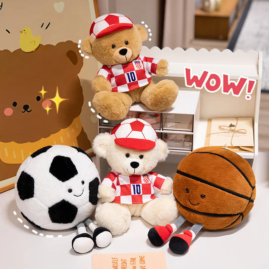 25/30cm Creative Sports Soft  Bear Plush Pillow Cartoon Basketball Soccer Ball Huggable Pillow Refuel Sports Bear