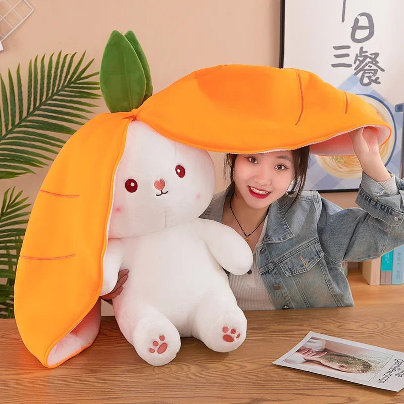 25CM Cute Transform Strawberry Rabbit Doll Plush Toy Carrot Rabbit Small Fruit Doll Bunny Birthday Gift for Girls Kids Boys