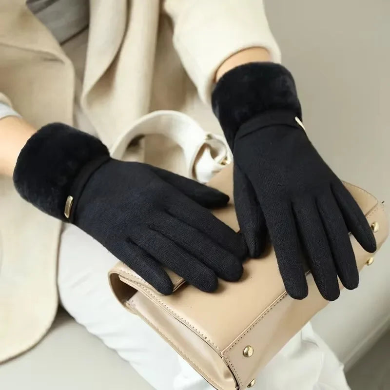 Winter Women Keep Warm Plus Velvet Touch Screen Thicken Plush Wrist Suede Gloves Fashion Personality Elegant Drive Cycling