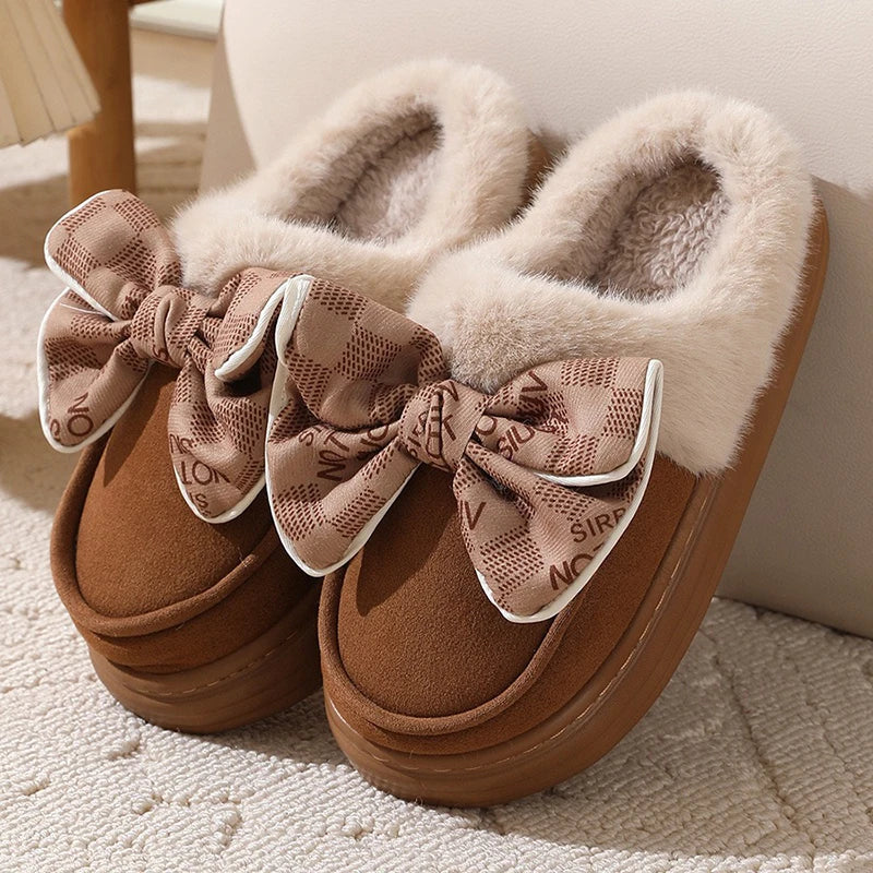 Lovely Bow Women Winter Toe Wrap Warm Solid Cotton Slippers Thick Soft Sole Slides Femmer Indoor Floor Flat Home Non-slip Shoes