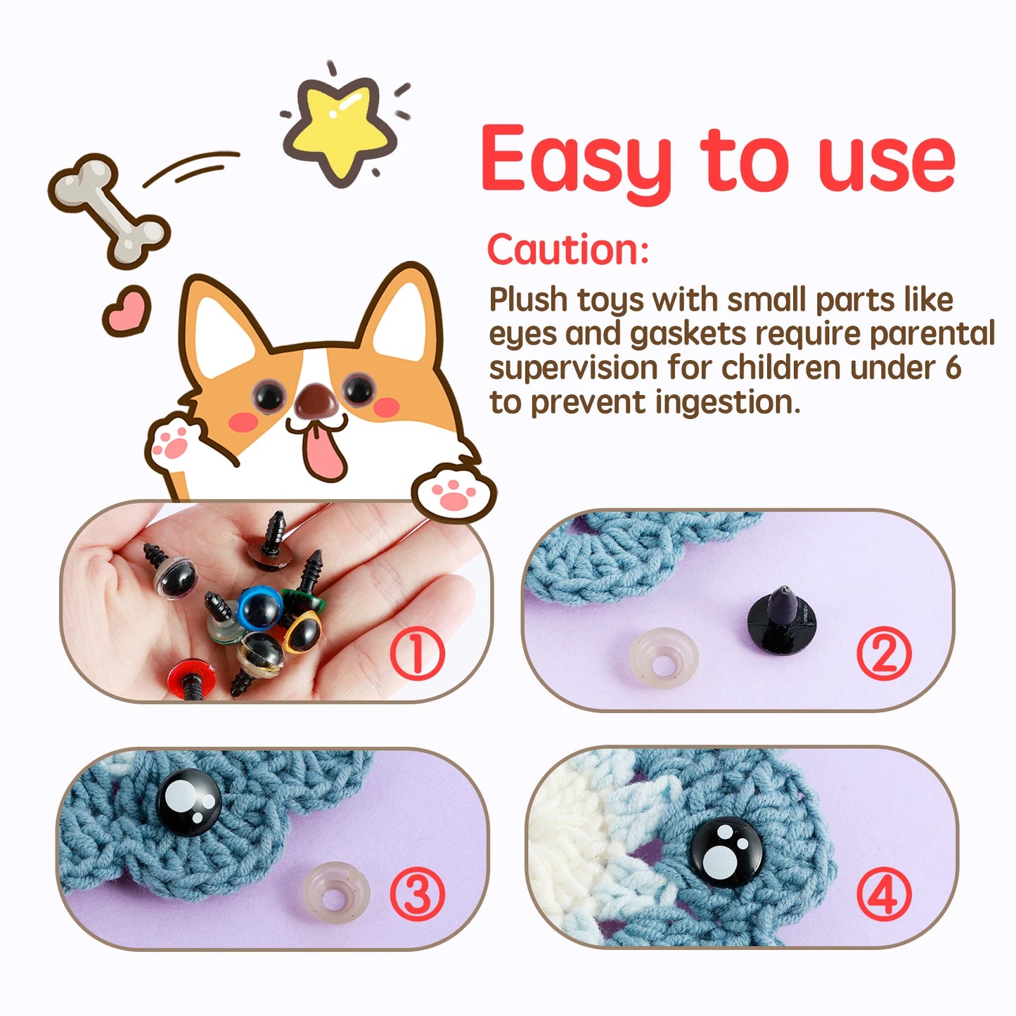 Safety Eyes and Noses Stuffed Crochet Eyes with Washers, Eyes and Nose Crochet Toy Stuffed Doll and Plush Animal Making Supplies